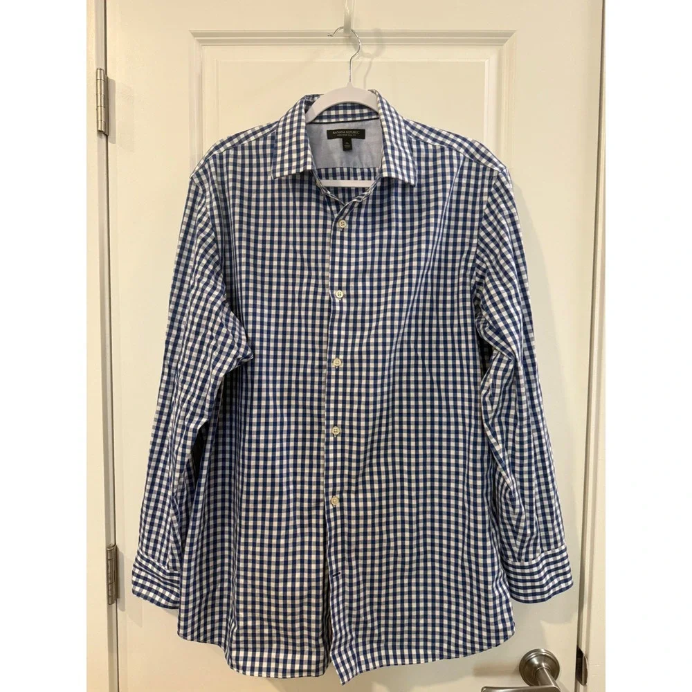 Banana Republic‎ Mens Blue White Gingham Non-Iron Slim Fit Button Down Shirt XL